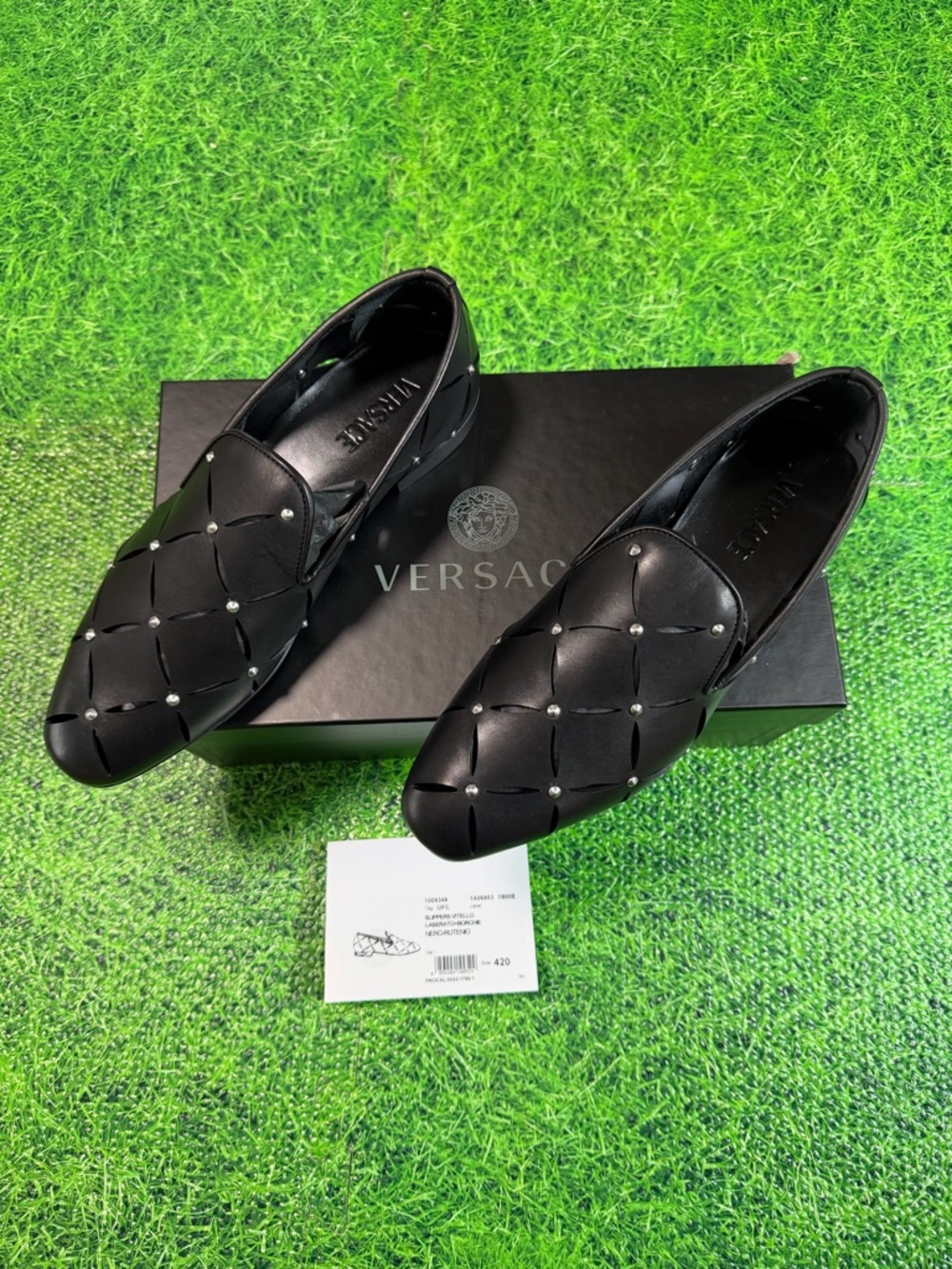 VERSACE SLIPPERS CALF CUT STUDS Size 9 EU 42 New With Box